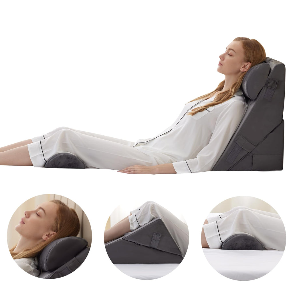 Bedluxe Adjustable 4pcs Bed Wedge Pillow Set, Memory Foam Wedge Pillow Post Surgery for Back, Neck, Leg Pain Relief, Pillow Wedge for Sleeping, Sitting up in Bed, Acid Reflux and GERD, Velvet