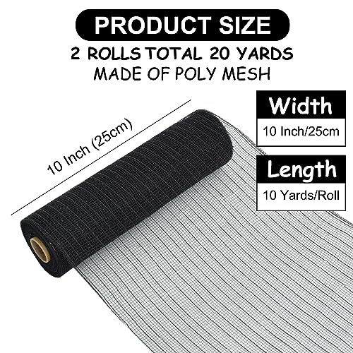 TONIFUL 2 Rolls 10 Inch Black Decorative Mesh Ribbbon Rolls, Fabric Mesh with Foil for Mesh Wreath Supplies, Front Door Wreath Crafts Tree Decor Christmas NewYears Halloween Decoration (10 yds/roll)