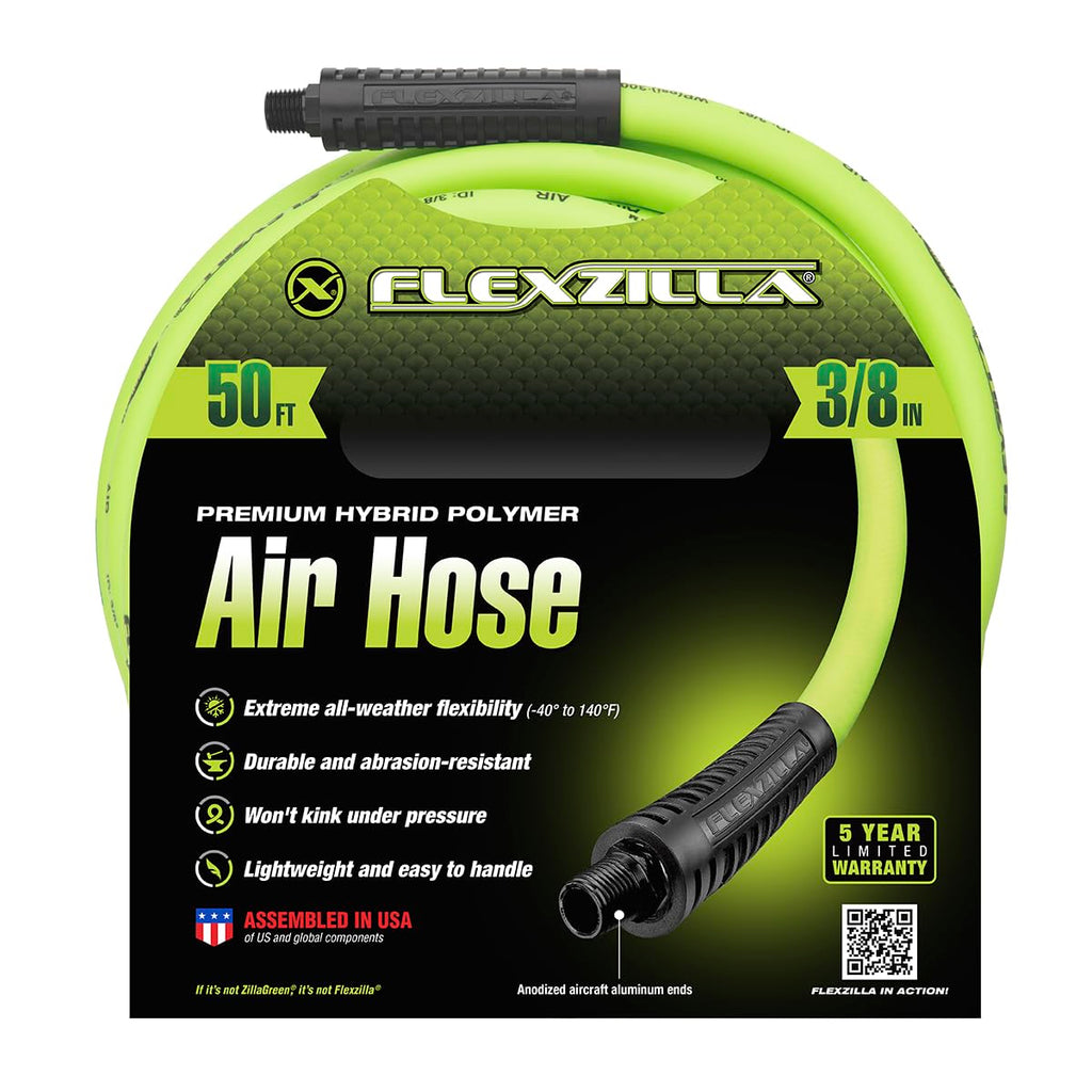 Flexzilla Air Compressor Hose, 3/8 in. x 50 ft., 1/4 in. MNPT Fittings, No-Kink, All Weather, Lightweight, Premium Hybrid Polymer, 300 PSI, ZillaGreen