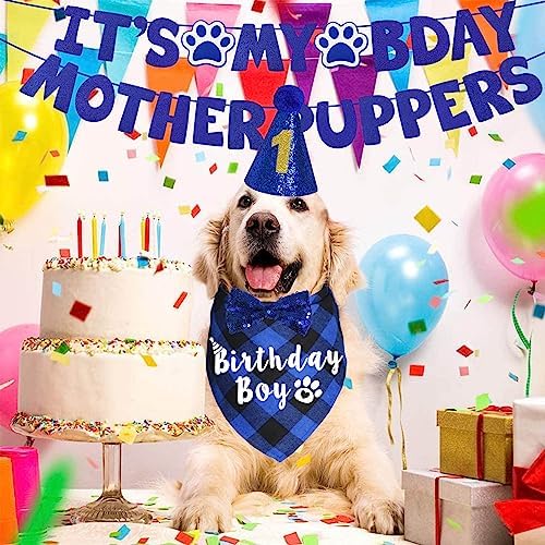 Dog Birthday Party Supplies, Multi Sizes Dog Birthday Bandana Boy Dog Birthday Hat Bow Tie Numbers It’s My Bday Mother Puppers Sign Banner for Large Extra Large Dogs Pets (X-Large, Blue)