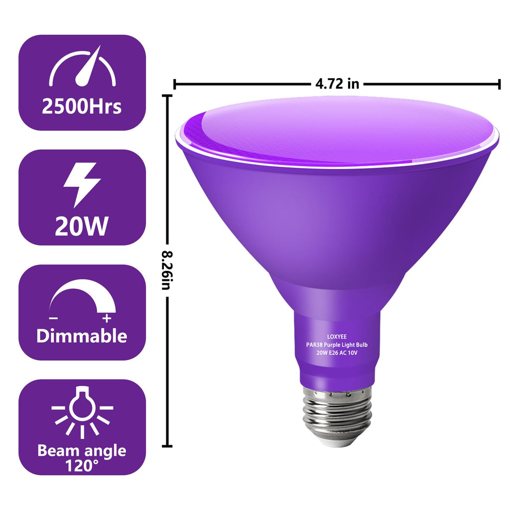 LOXYEE PAR38 Flood Purple Light Bulb,2 Pack-Dimmable,E26 Base Purple Flood Light Outoor(20W Replace to 200W),Purple Light Bulb for Outside,Purple Decor,Christmas,Holiday,Halleween Outdoor Light Bulb
