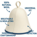 Premium Sauna Hat – 100% Natural Wool, Handmade Sauna Headwear for Men and Women – Eco-Friendly, Breathable, Insulating Hat for Sauna, Steam Room, Banya, and Bathhouse – One Size Fits All, White-Blue