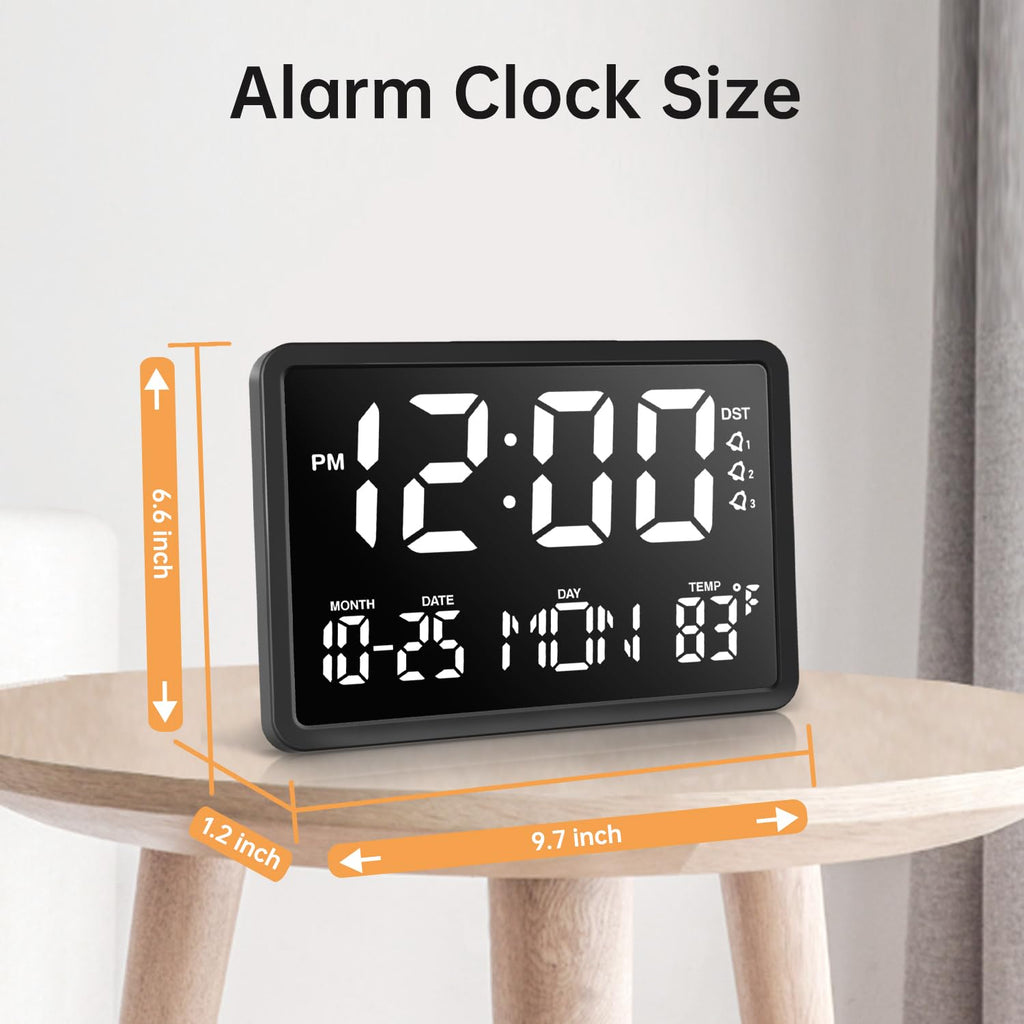 JALL 10.5" Digital Clock with Large Display, Calendar Day and Date, DST, Temperature, Dual Alarms, for Desk, Wall Mounted, Living Room, Bedroom, Gift for Elderly, Seniors, Dementia