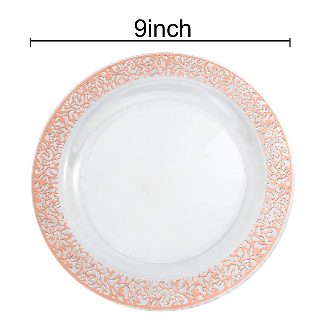 I00000 102 Pieces Rose Gold Plastic Lunch Plates, 9” Clear Disposable Dinner Plates with Rose Gold Lace Rim, Ideal for Big Parties or Wedding for Wedding & Party