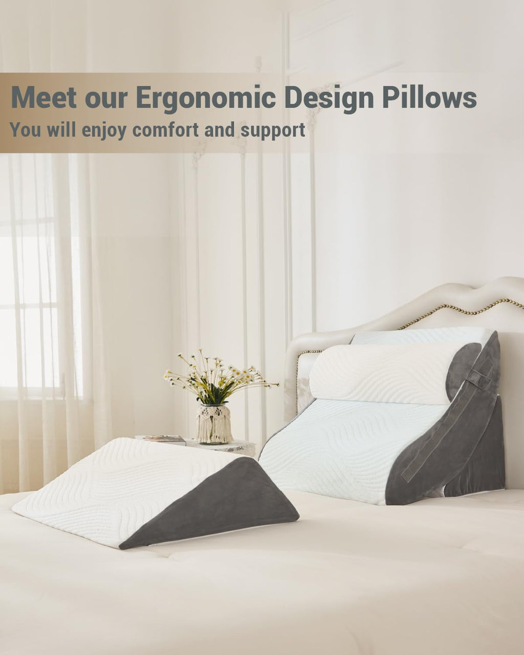 XICIKIN Orthopedic Bed Wedge Pillow Set, 2-Layer Memory Foam for Back, Leg Pain Relief, Comfortable Support, Post Surgery Adjustable Pillows Sitting and Sleeping(4pcs,22" Wide,White Grey)