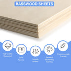 12 Pack Basswood Sheets for Crafts 12 x 18 x 1/8 in, 3mm Thick Unfinished Plywood for Laser Cutting & Engraving, DIY Ornaments and Architectural Model