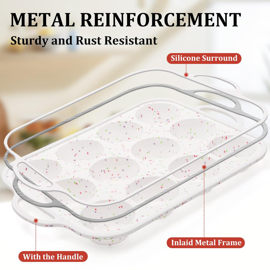 CAKETIME Silicone Muffin Pan with Metal Frame, Metal Reinforced Frame Regular Size Cupcake Pan with Handle 12 Cups Nonstick Muffin Pan for Baking BPA Free 2 Pack