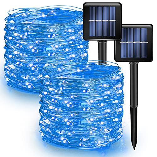 Dazzle Bright 2 Pack Solar String Lights Outdoor, Total 80FT 240LED Solar Powered Waterproof Fairy Lights 8 Modes, Copper Wire Lights for Christmas Patio Party Tree Yard Decoration (Blue)