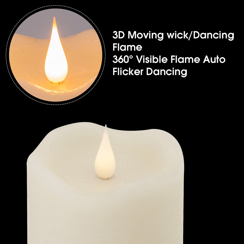 TECHLONG 3 Pack Flickering Flameless Candles Battery Operated with Timer, 3D Moving Flame Last 1000+ Hours, Ivory Real Wax Electric LED Pillar Candle for Wedding Christmas Decorations