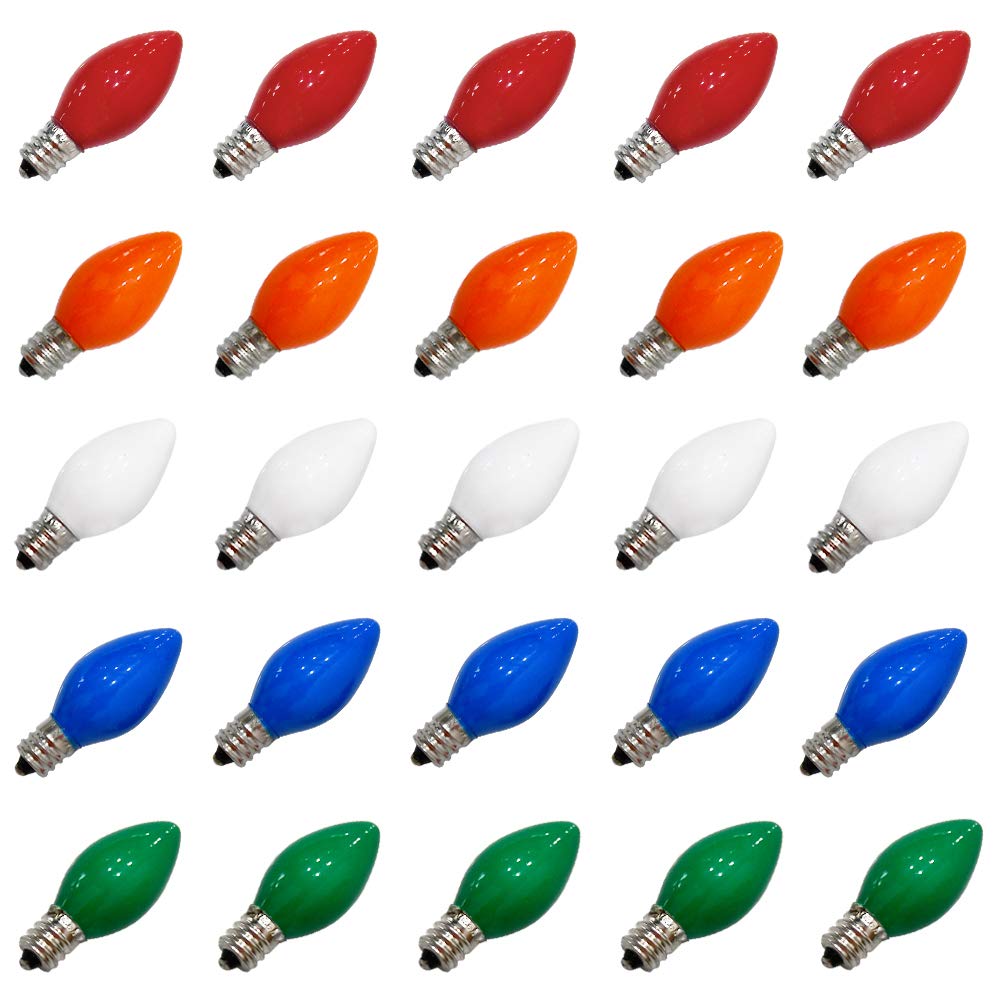 Romasaty 25 Pack Christmas Light Bulbs, C7 Ceramic Multi-Color Replacement Bulbs, C7 Outdoor String Lights Replacement Bulbs, C7/E12 Candelabra Base, 5 Watt