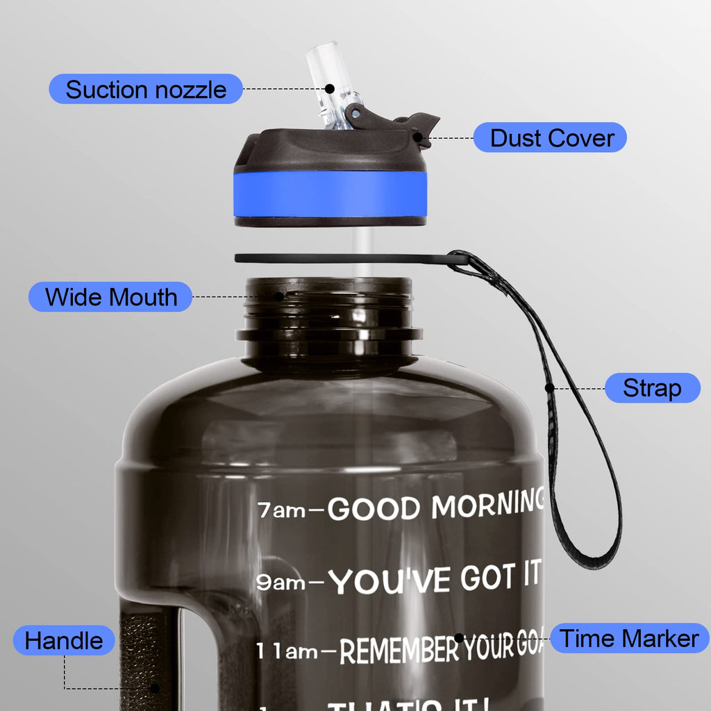 Motivational Gallon Water Bottle - with Straw & Time Marker BPA Free Large Reusable Sport Water Jug with Handle for Fitness Outdoor Enthusiasts Leak-Proof(Black,1 gallon)