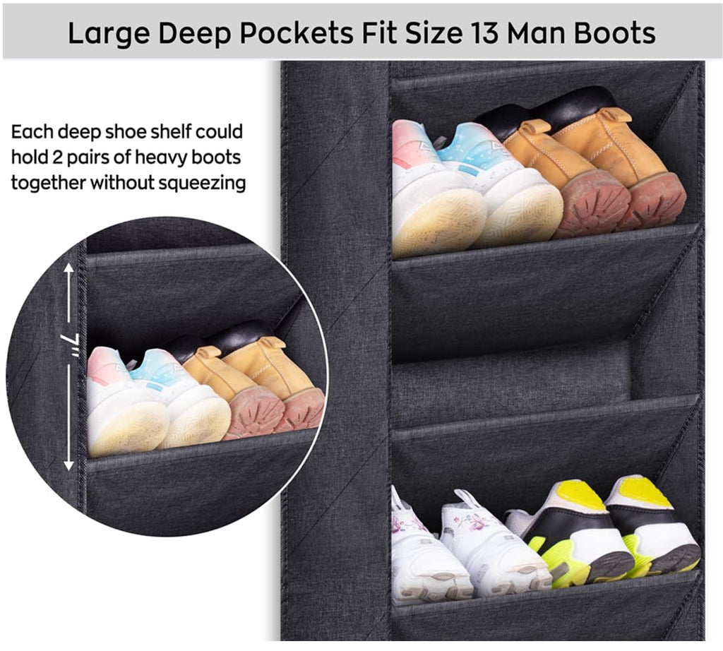 Over The Door Shoe Organizer for Closet with Large Deep Pockets, Narrow Shoe Rack for Door Hanging Boots Storage, Black