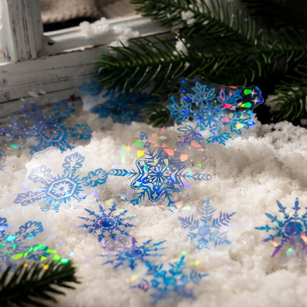 Yoksas 120 Pieces Fantasy Snowflake Stickers - Transparent, Waterproof, Holographic Christmas Decorations Winter Stickers for Junk Journals, Scrapbooking, Gift Wrapping