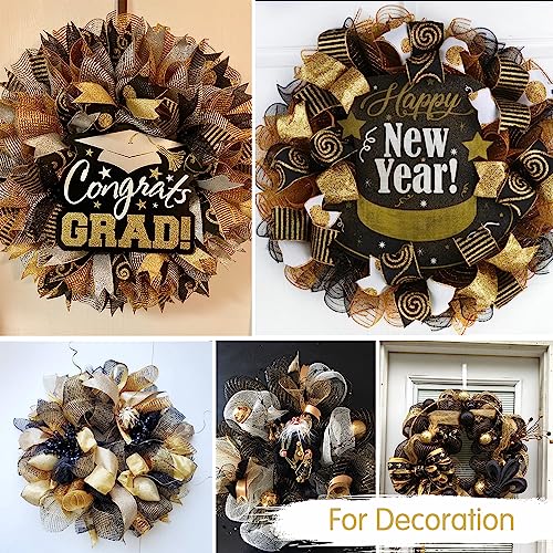 TONIFUL 2 Rolls 10 Inch Black Decorative Mesh Ribbbon Rolls, Fabric Mesh with Foil for Mesh Wreath Supplies, Front Door Wreath Crafts Tree Decor Christmas NewYears Halloween Decoration (10 yds/roll)