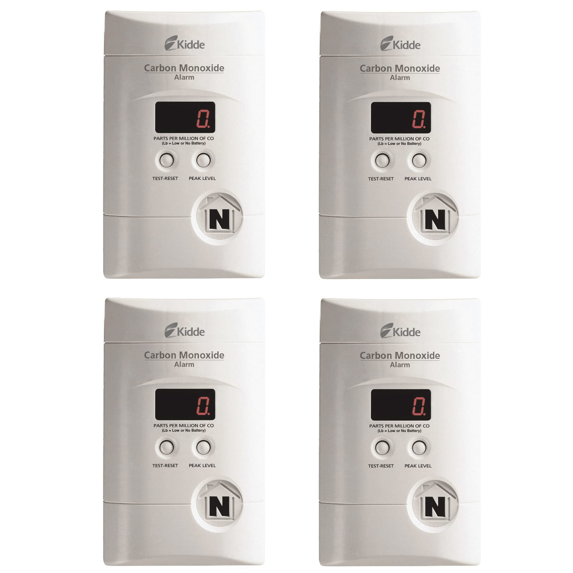 Kidde Carbon Monoxide Detector, Plug In Wall with 9-Volt Battery Backup, Digital LED Display, 4 Pack