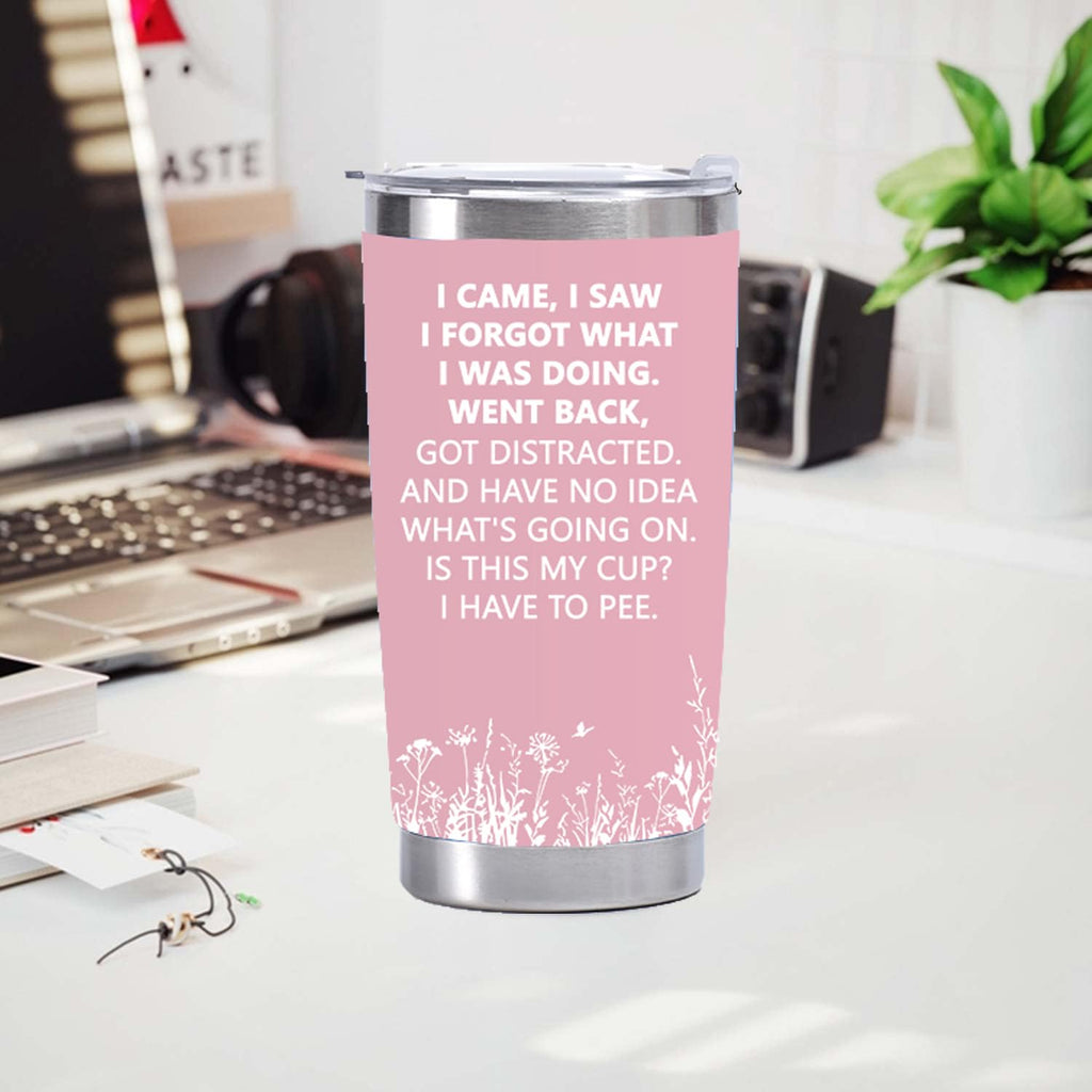 Eisfiel I Came I Saw I Forgot Tumbler, Funny Senior Citizens, 20 oz Tumbler with Lid, Stainless Steel Insulated Tumblers, Funny Sarcasti Gifts for Elderly Women Men-Pink