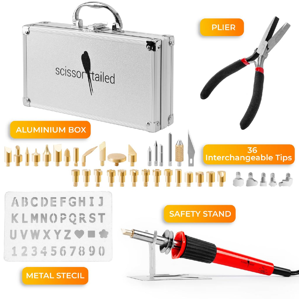 Premium Wood Burning Kit 42PCS | 36Tips, Adjustable Temperature Pen With Safety Stand, Metal Stencil&Pliers.Free Deluxe Case & How To. Complete Gift For An Effortlessly Mastering The Art Of Pyrography