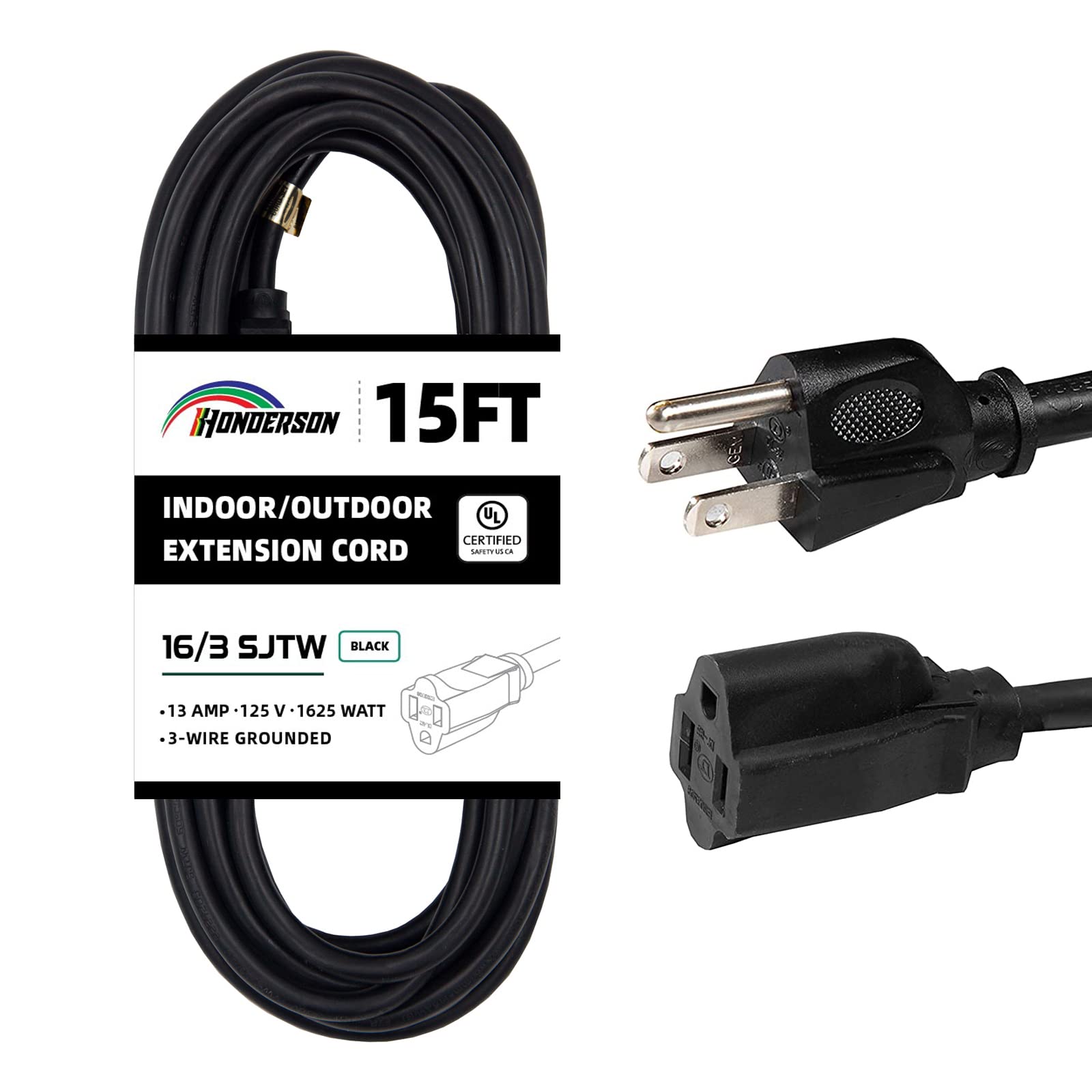 HONDERSON 15FT Outdoor Extension Cord-16/3 SJTW Durable Black Extension Cable with 3 Prong Grounded Plug for Safety,Great for Outside Christmas Decorations