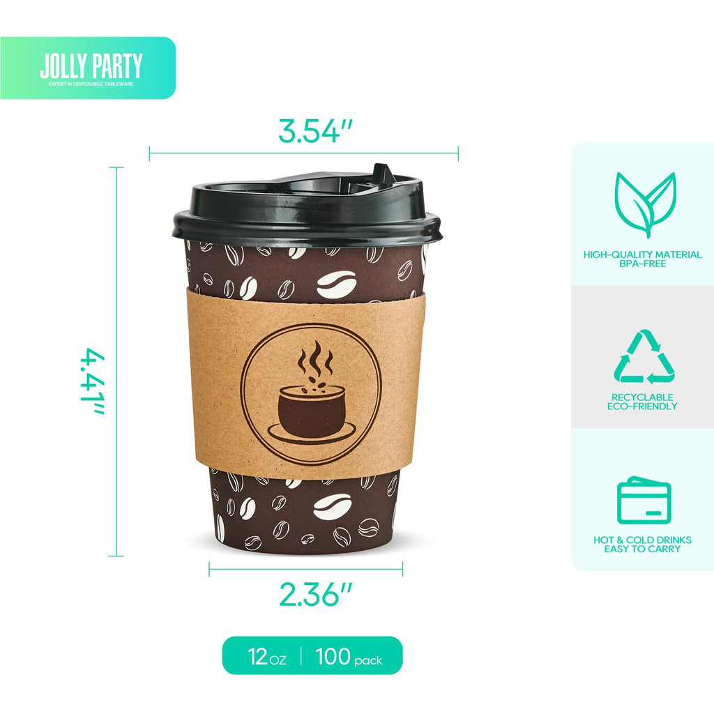 JOLLY PARTY Disposable Coffee Cups with Lids, Sleeves and Straws - 12oz(100 Pack) Paper Coffee Cups with Lids, Durable, BPA Free Hot Coffee Cups for Shops, Cafes, and Concession Stands(Dark Brown)
