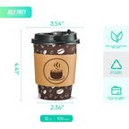 JOLLY PARTY Disposable Coffee Cups with Lids, Sleeves and Straws - 12oz(100 Pack) Paper Coffee Cups with Lids, Durable, BPA Free Hot Coffee Cups for Shops, Cafes, and Concession Stands(Dark Brown)