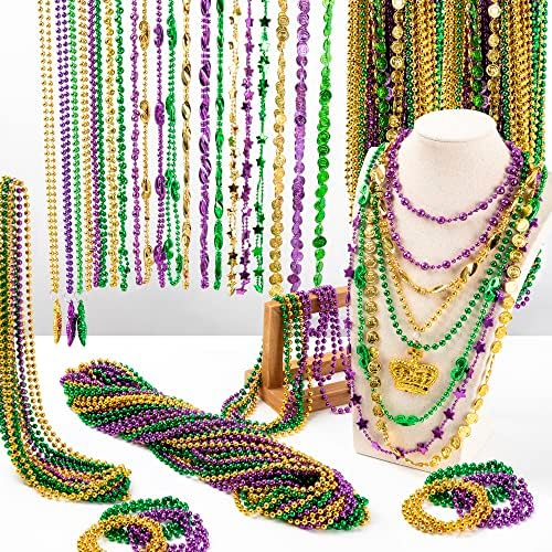200PCS Mardi Gras Beads, Green Purple Gold Metallic Mardi Gras Beads Necklaces Accessories Bulk, Mardi Gras Beads Necklace Accessories for Parade Throws Party Decorations Supplies Favors
