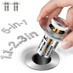 5-in-1 Bathroom Sink Stopper, 2 Pc Pop-Up Drain Stopper with Removable Hair Catcher, Anti-Clog Strainer, Odor Blocking & One-Way Flow Design, All Metal Brass Core & Stainless Steel, Fit 1.1"–2.36"