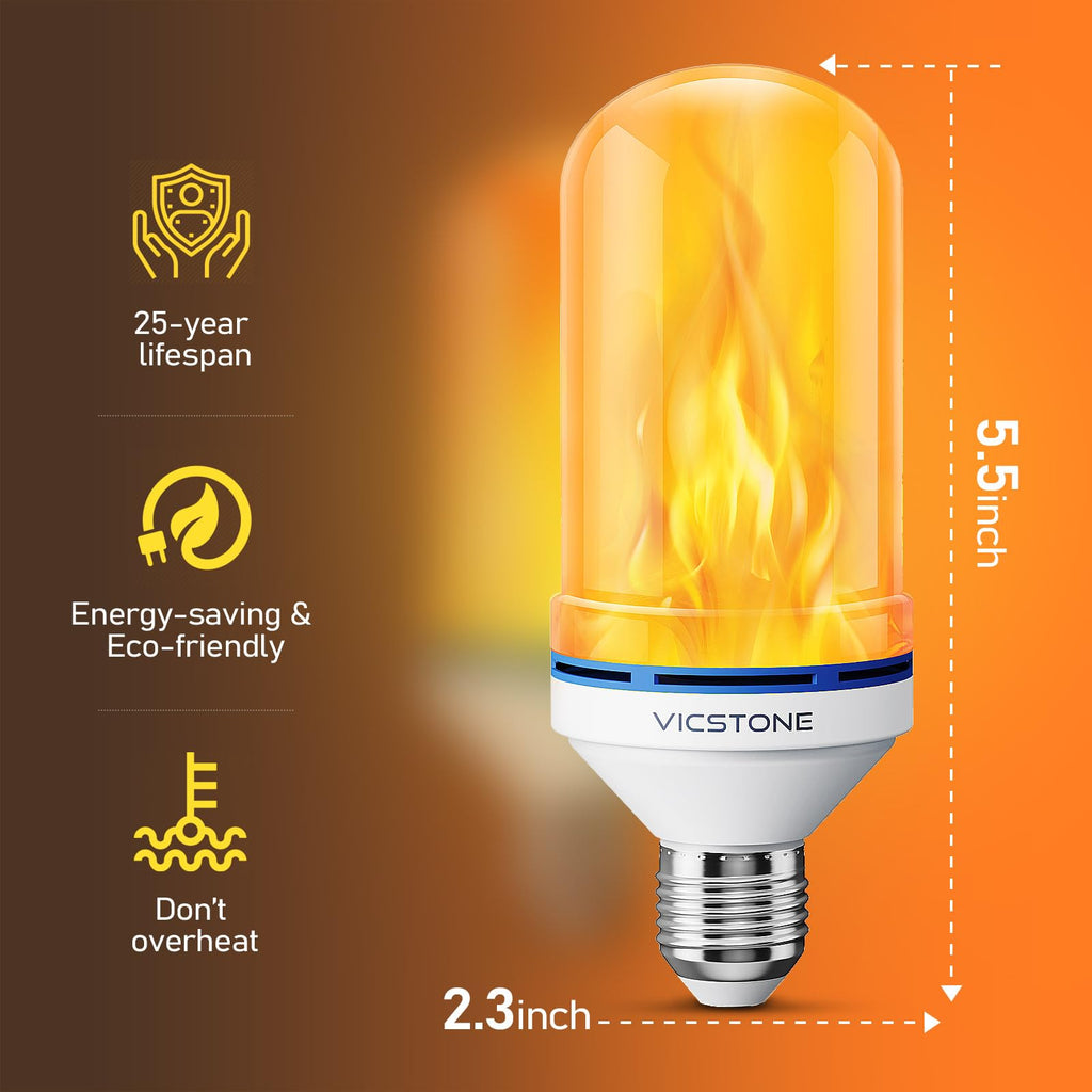 Vicstone Upgraded LED Flame Light Bulbs, 4-Mode Flickering Light Bulbs with Upside Down Effect, E26 Fire Light Bulb for Porch Party Patio Home Halloween Christmas Indoor Outdoor - 4 Pack