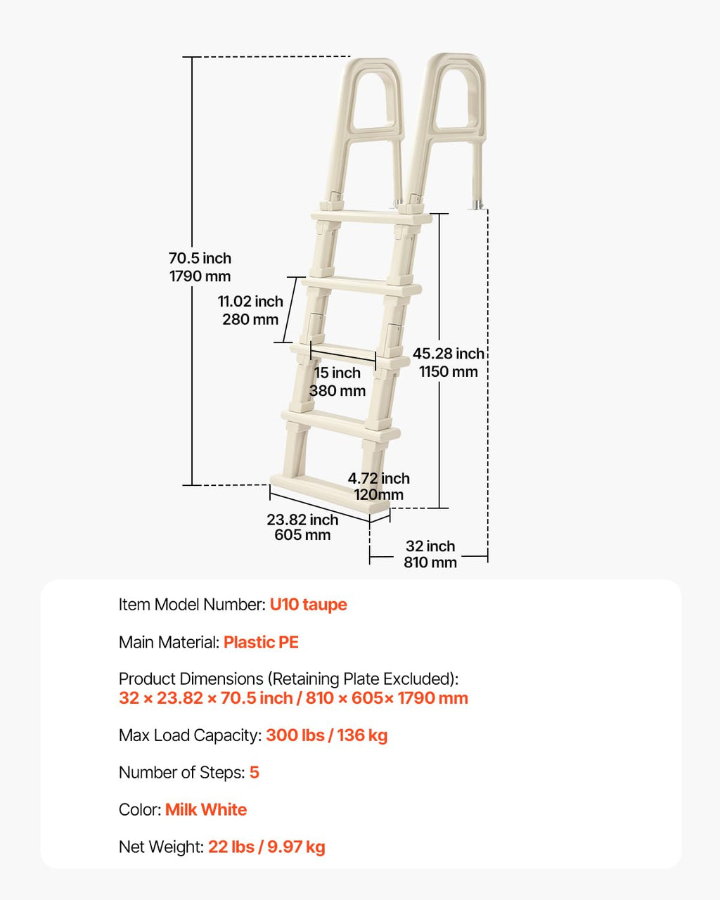 VEVOR Swimming Pool Ladder, 75°Inclined 5-Step Double Handrails Stair, Non-Slip Heavy Duty Steps, Load Capacity 300 lb, for 48-54 in Inground & Above-Ground Pools of Any Deck Surface Indoor & Outdoor