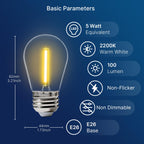 FLSNT 24 Pack LED S14 Replacement Light Bulbs, Shatterproof Waterproof 1W Outdoor String Light Bulbs, E26 Regular Base, 2200K Warm White, CRI80, Non-Dimmable