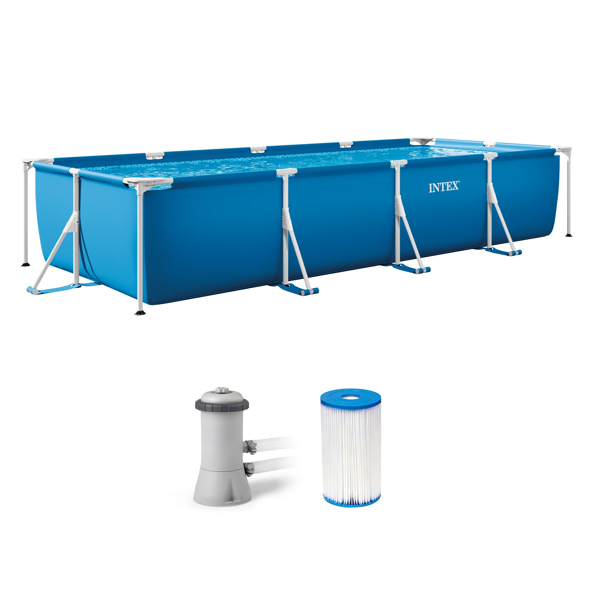 INTEX Rectangular Frame 14 ft 9 in x 7 ft 3 in x 33 in Above Ground Pool, Swimming Pool with Steel Frame and 530 GPH Cartridge Filter Pump