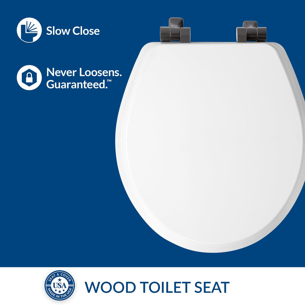 Mayfair Bennett Toilet Seat with Matte Black Hinges, Slow Close Wood Seat, Secure Metal Hinges, Easy Install, Made in USA, Round, White