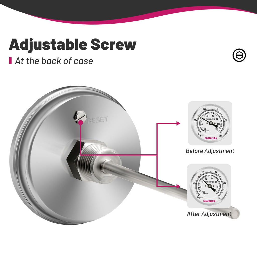 GOATACURA Bimetal Thermometer, Full Stainless Steel, 3" Dial Size, 4" Stem, 1/2" NPT Back Mount, 0-250 Deg F/-20-120 Deg C, 1% Accuracy