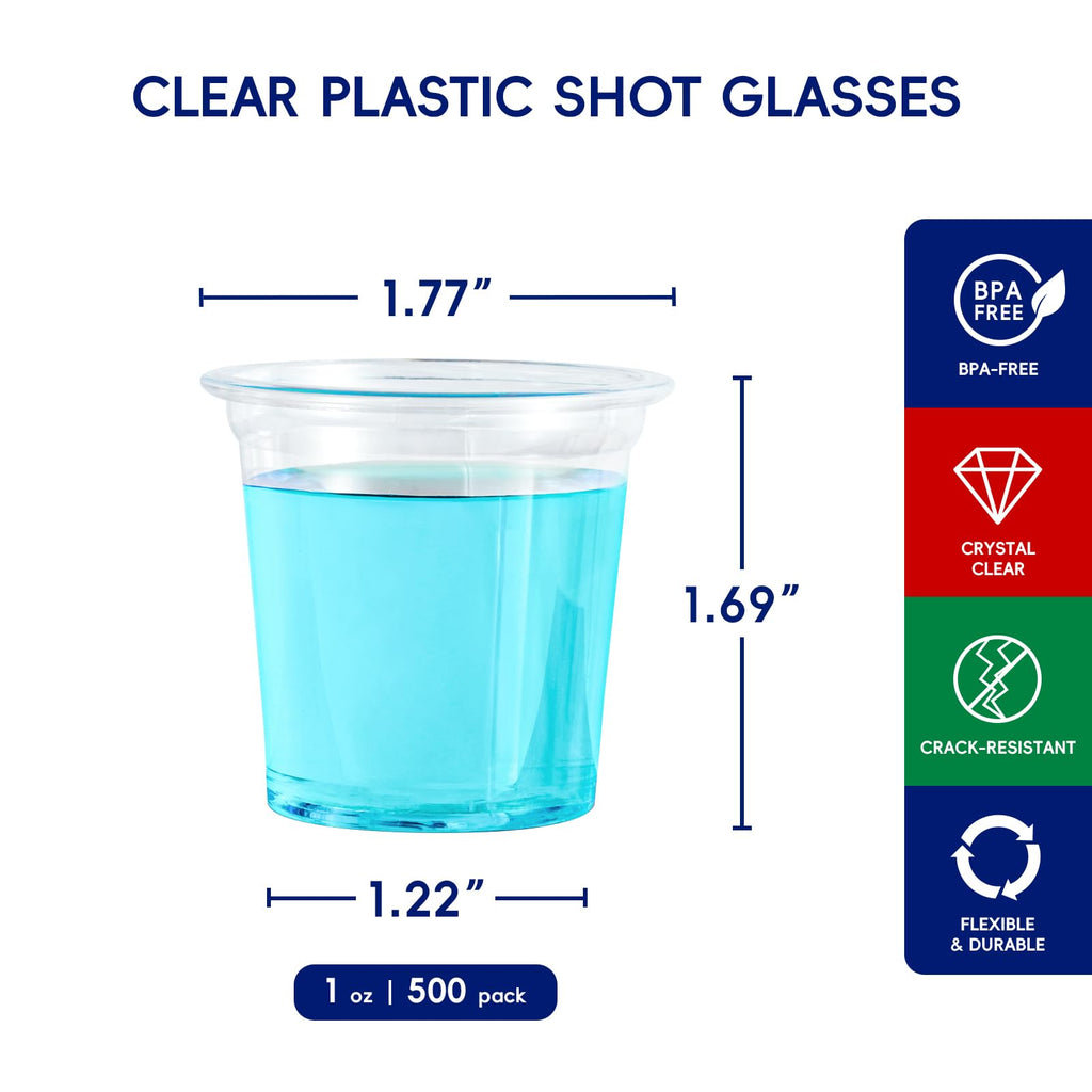 JOLLY CHEF 500 Pack Plastic Shot Glasses, 1 oz Clear Disposable Jelly Cups Reusable Perfect for Wine Tasting, Whiskey, Food Samples, Halloween, Thanksgiving Party, Wedding, Christmas