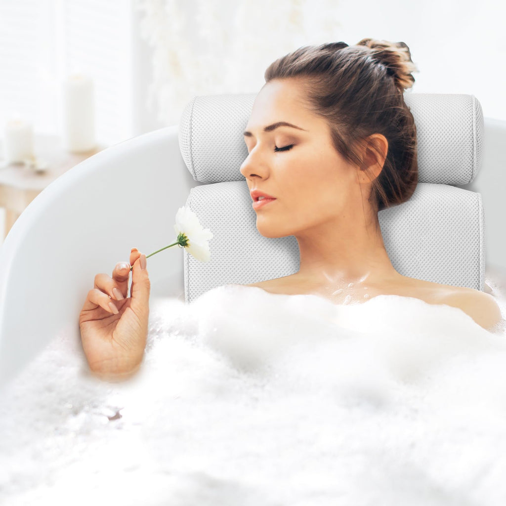 LuxStep Bath Pillow Bathtub Pillow with 6 Non-Slip Suction Cups,14.6x12.6 Inch, Extra Thick and Soft Air Mesh Pillow for Bath - Fits All Bathtub, White