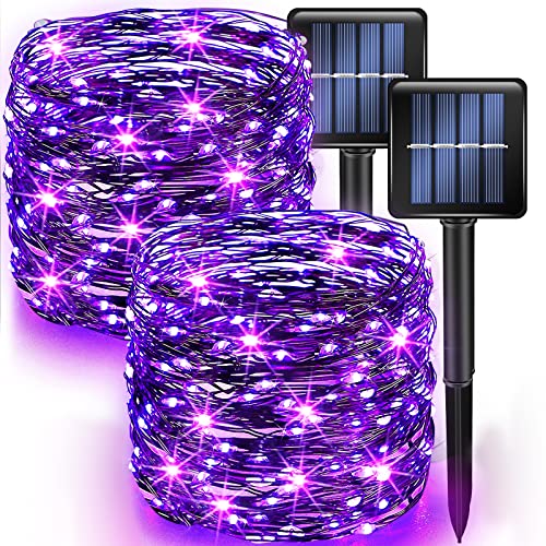 Dazzle Bright 2 Pack Halloween Fairy String Lights, Total 80FT 240 LED Solar Powered Fairy Lights with 8 Modes, Waterproof Copper Wire Lights for Outdoor Christmas Yard Party Patio (Purple)