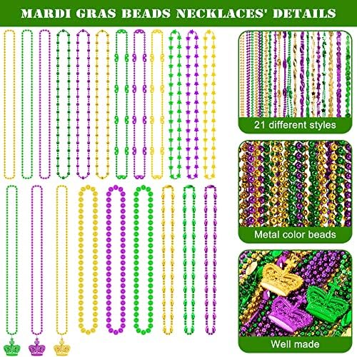 200PCS Mardi Gras Beads, Green Purple Gold Metallic Mardi Gras Beads Necklaces Accessories Bulk, Mardi Gras Beads Necklace Accessories for Parade Throws Party Decorations Supplies Favors