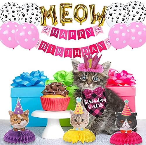 Cat Birthday Party Pack - Outfits, Bandana, Hat, Crown, Bow Tie, Number Banner, Meow & Cat Balloons for Kitten's Special Day