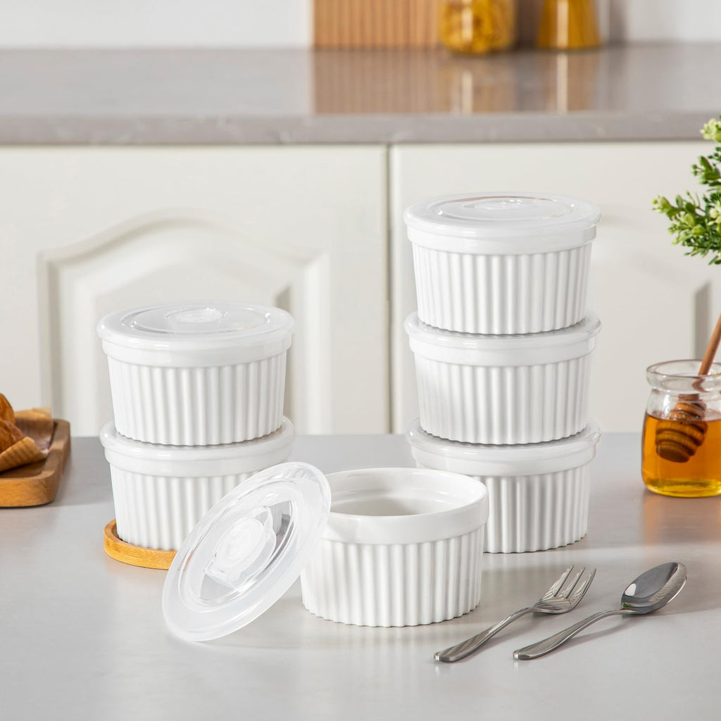 vancasso 10 oz Ramekins with Lid, Porcelain Creme Brulee Souffle Dishes, White Pudding Custard Cups Ramiken for Baking, Dishwasher and Oven Safe, Set of 6
