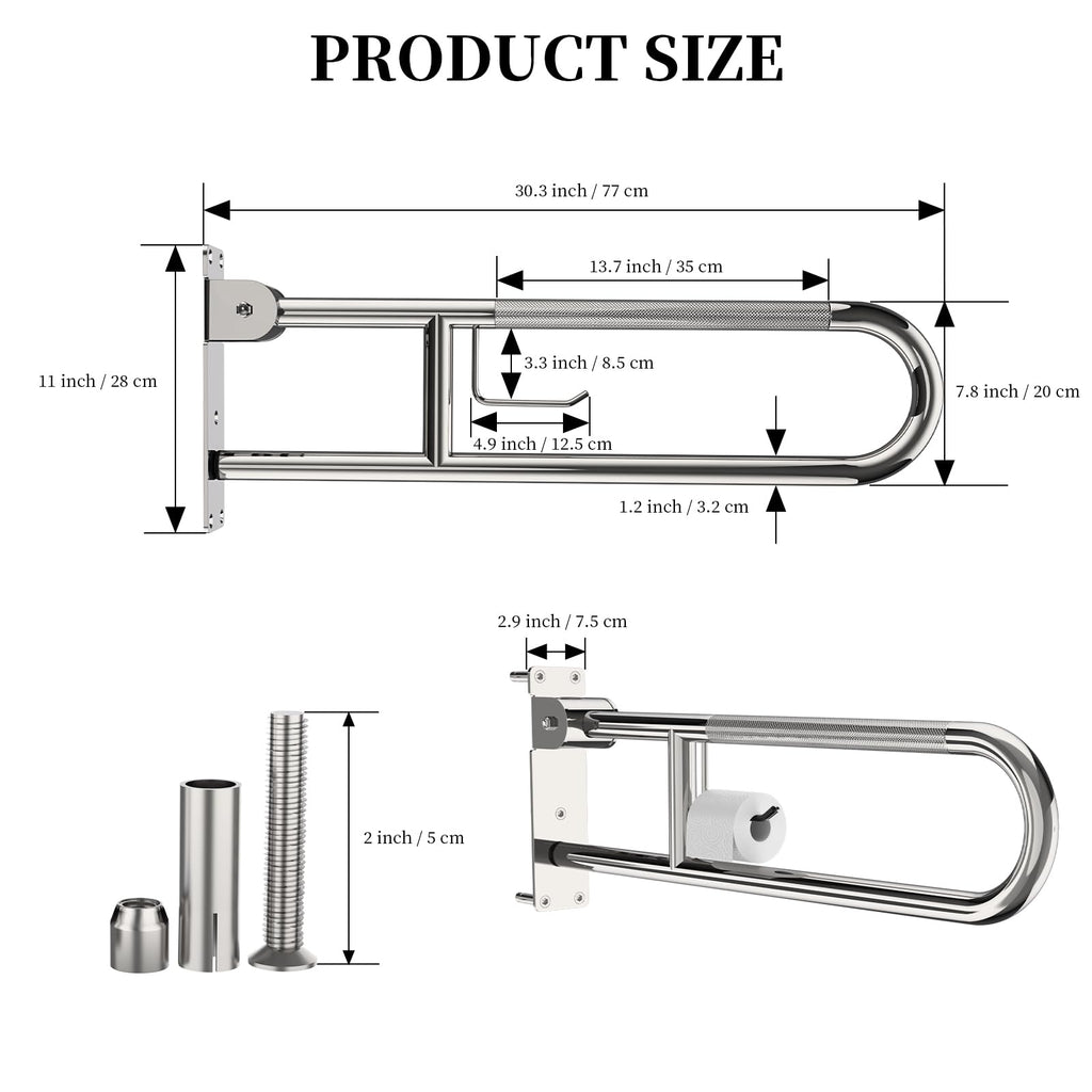 Toilet Grab Bar 30.3 Inch, YuanDe Flip Up Grab Bar with Paper Holder, Polished Chrome Anti-Slip Safety Bars for Toilet, Stainless Steel Knurled Toilet Handles for Seniors Disabled Elderly Pregnant
