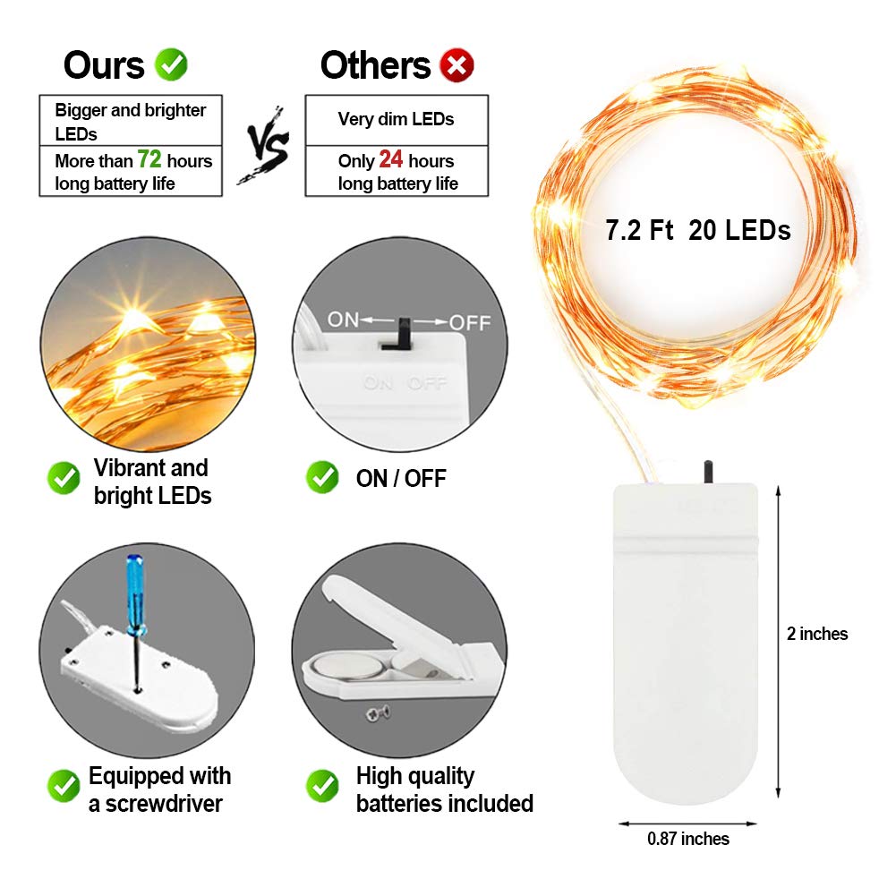 MUMUXI 48 Pack Fairy Lights Battery Operated, 7.2ft 20 Micro LED Mini Waterproof String Lights Copper Wire Firefly Starry Lights for DIY Wedding Party Mason Jars Crafts Christmas Decoration,Warm White