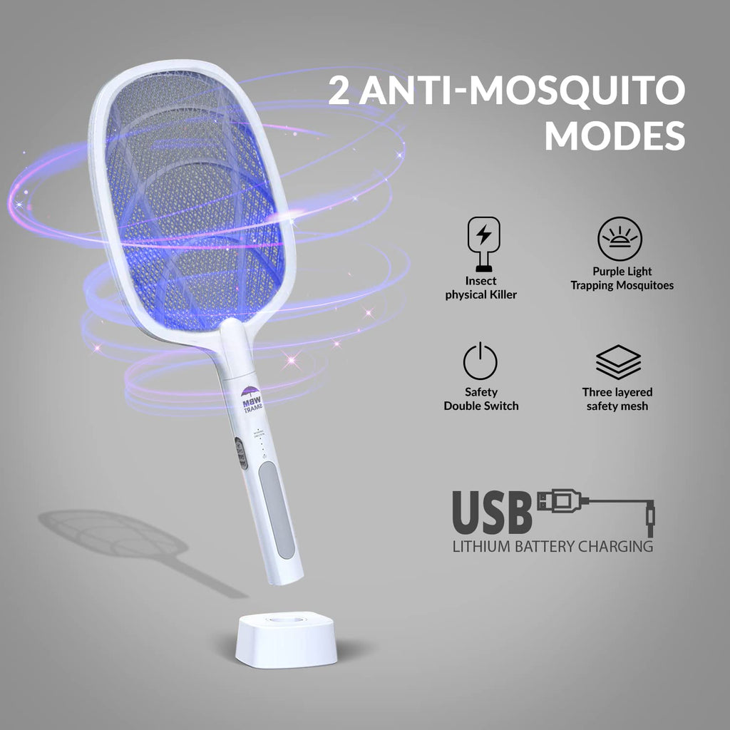 WBM SMART 2 in 1 Electric Bug Zapper, Mosquitoes Trap Lamp & Racket, USB Rechargeable Electric Fly Swatter for Home and Outdoor Powerful Grid 3-Layer Safety Mesh Safe to Touch