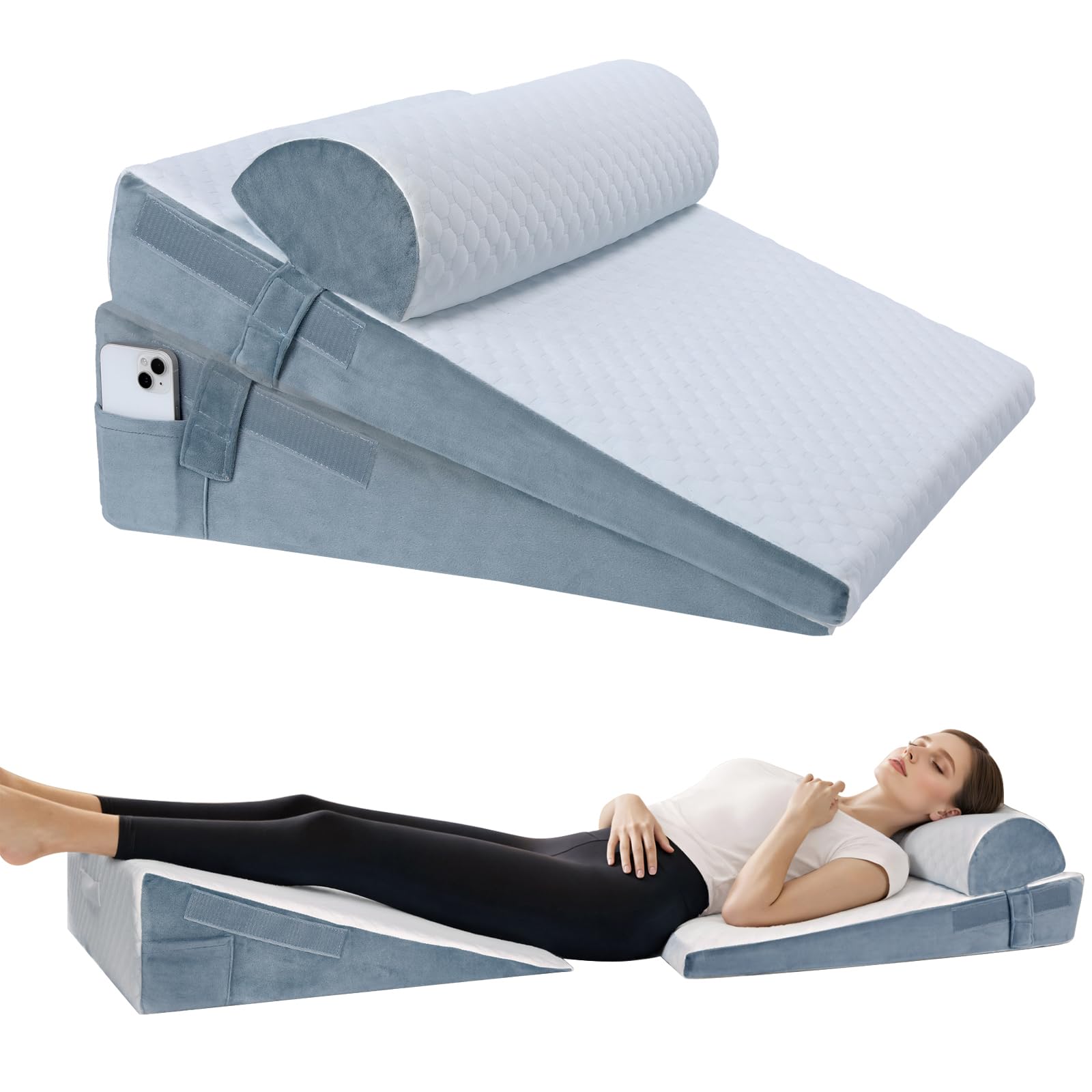 SJEUQOP Bed Wedge Pillow for Sleeping, 3 Pcs Adjustable Height 4.5&7.5&12 Inch Triangle Pillow Wedge for Post Surgery, Acid Reflux, Snoring, Legs Pain Relief