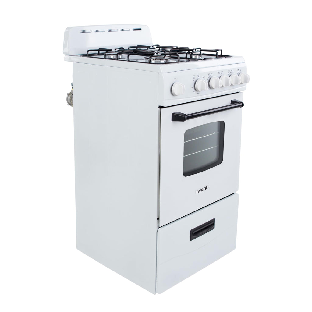 Avanti Gas Range Oven, Compact Freestanding Design, 4 Sealed Burners with Electronic Ignition, 2.1 Cu.Ft. Capacity Features Framed Glass Door Storage Drawer Broiler and Accessories, 20-Inch, White