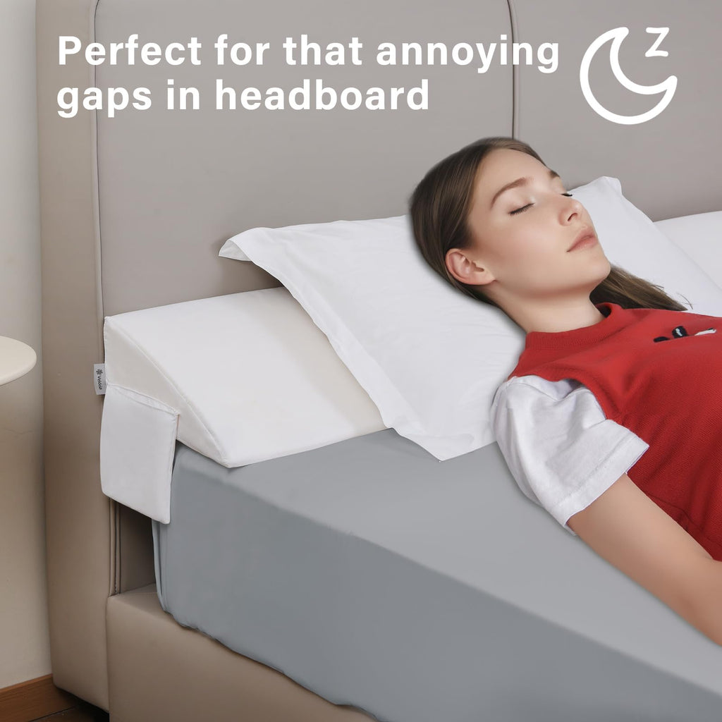 Vekkia King Bed Wedge Pillow for Headboard Gap Filler(0-5"),High-Density Foam,Prevents Pillows & Items from Falling,Ergonomic Design,Large Storage Pockets, Removable&Washable Cover,White,76''x10 x6