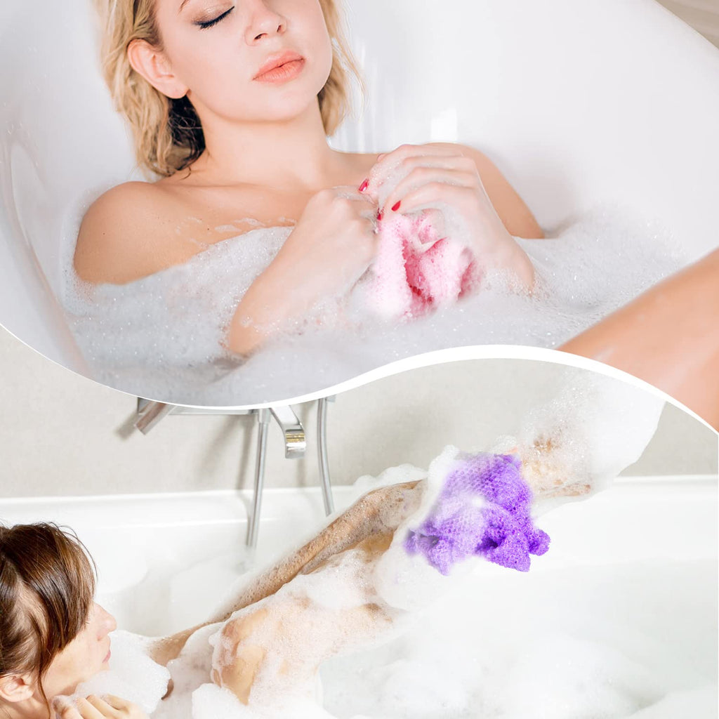 GIGULES, 3 Pieces African Net Bath Sponge African Exfoliating African Scrubbing Long Net Rag African Wash Net Shower Body Scrubber, Yellow Pink Purple