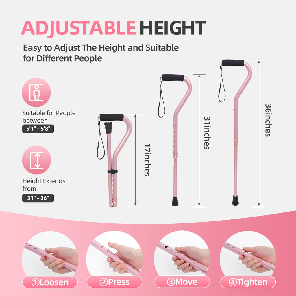 BeneCane Walking Cane for Men & Women Adjustable Cane with Offset Soft Cushioned Handle -Portable Lightweight Sturdy Mobility Walker Aid for Elderly, Seniors Collapsible Cane Pink