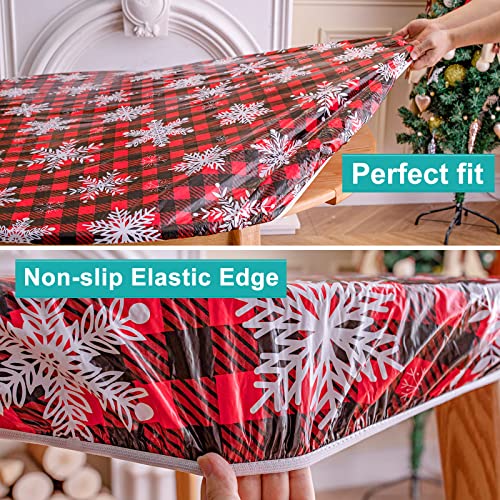 smiry Round Fitted Vinyl Table Cloth Cover Elastic Edged Flannel Backed, Waterproof Wipeable Christmas Vinyl Tablecloth for 36"-44" Round Tables, Bufflo Checked Snowflake