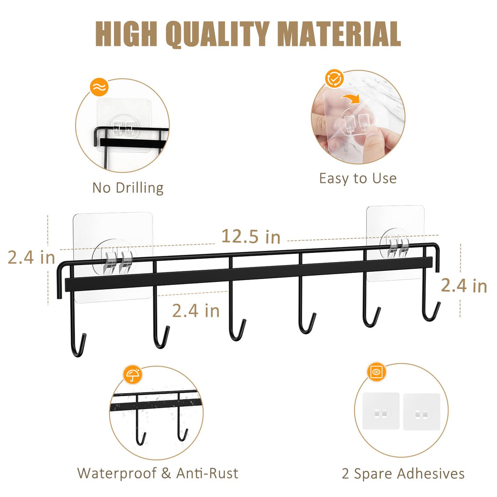 HOMEBROS Kitchen Utensil Hanger, Adhesive Utensil Holder Wall Mount Kitchen Rack Rail with 12 Hooks, Space Saving and No Drilling, Black, 2 Pcs