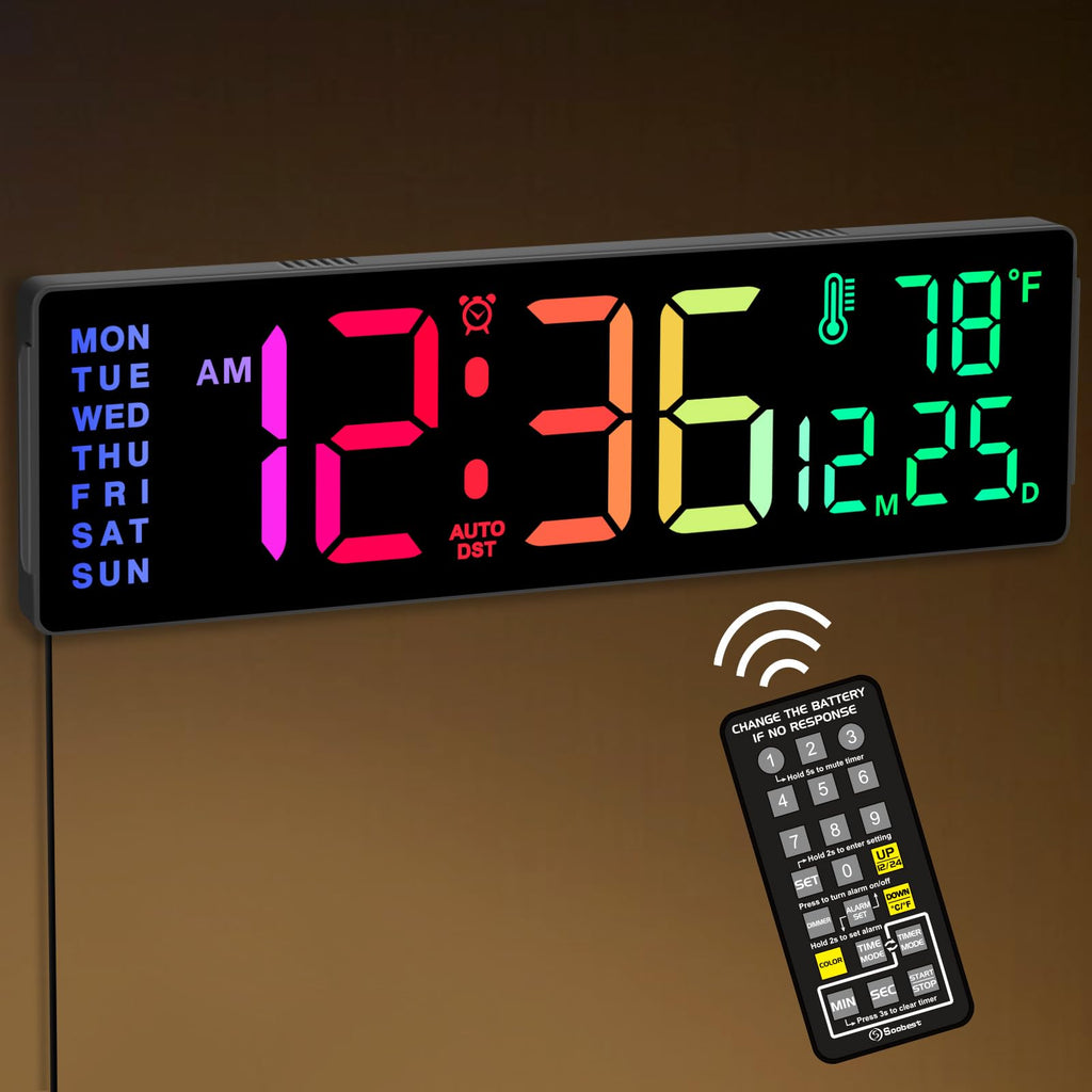 Soobest 14" Large Remote Digital Wall Clock with Timer for Living Room Home Gym, Plug in Big LED Electric Color Changing Clock with Date Day of Week Temperature Display for Elderly Seniors, Auto DST