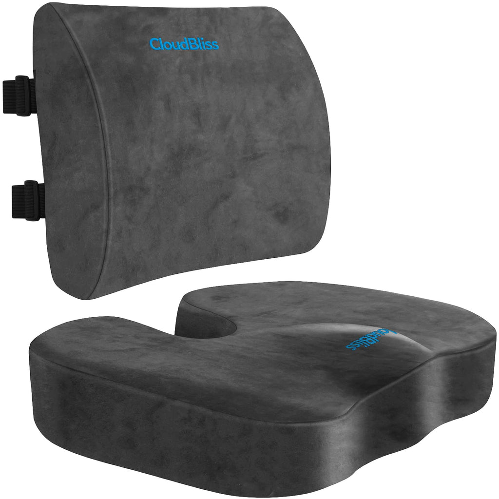 CloudBliss Seat Cushion,Office Chair Cushion,Car Seat Cushion,Lumbar Support Pillow for Office Chair,Back Support Memory Foam Pillow Coccyx Cushion for Tailbone Pain,Sciatica & Back Pain Relief -Grey